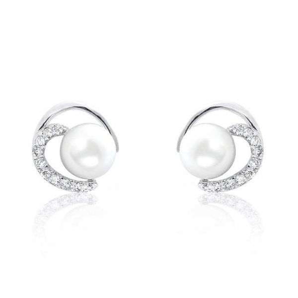 Gorgeous Circle 7-8mm Pearl Cubic Zirconia 925 Sterling Silver Earrings