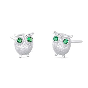 Green CZ Owl Silver Earrings Stud