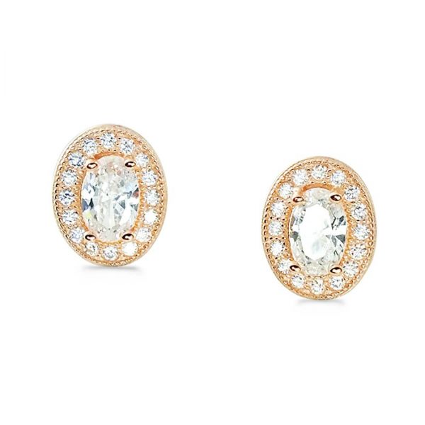 Rose Gold Plated Sterling Silver Oval CZ Halo Earrings Stud