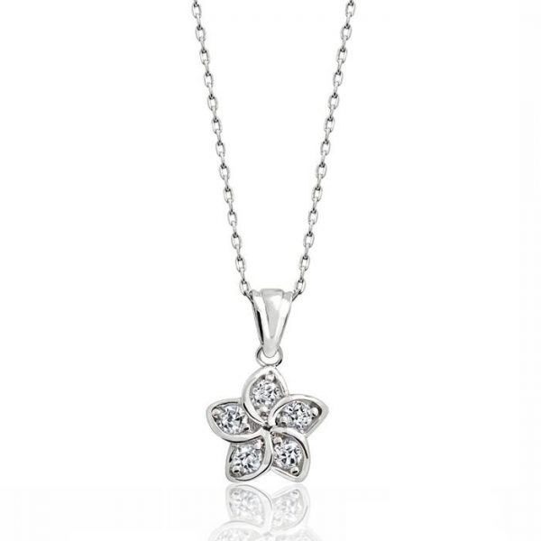 Sterling Silver Cubic Zirconia Beautiful Flower Pendant Necklace 16"+ 2" Extender