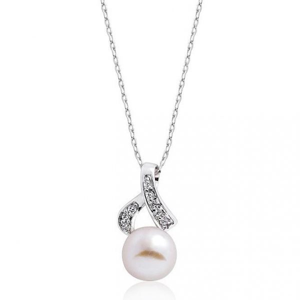 Gracious 925 Sterling Silver Pearl and CZ Necklace 16"+ 2" Extender