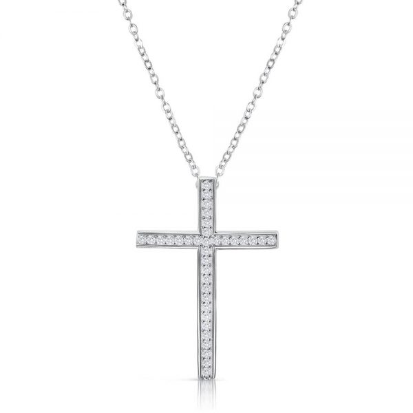 Sterling Silver CZ Classic Cross Pendant Necklace 16"+ 2" Extender