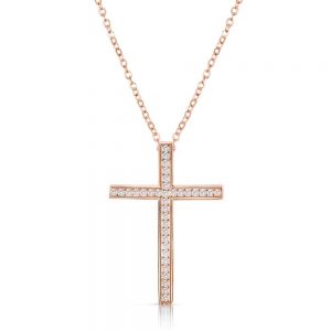 Rose Gold Plated Sterling Silver CZ Cross Pendant Necklace 16"+ 2"