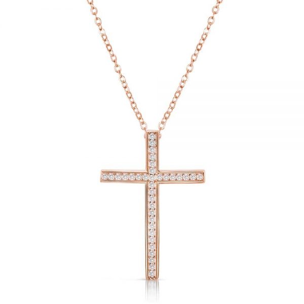 Rose Gold Plated Sterling Silver CZ Cross Pendant Necklace 16"+ 2"