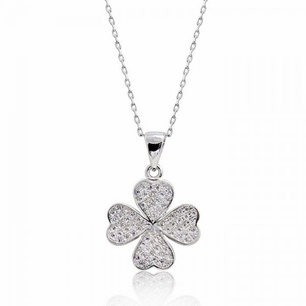 Pretty 925 Sterling Silver Micro Pave CZ Lucky Leaf Necklace 16"+ 2"
