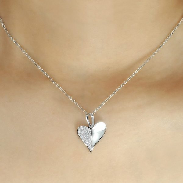 925 Sterling Silver Micro Pave Setting CZ Heart Leaf Necklace 16"+ 2"