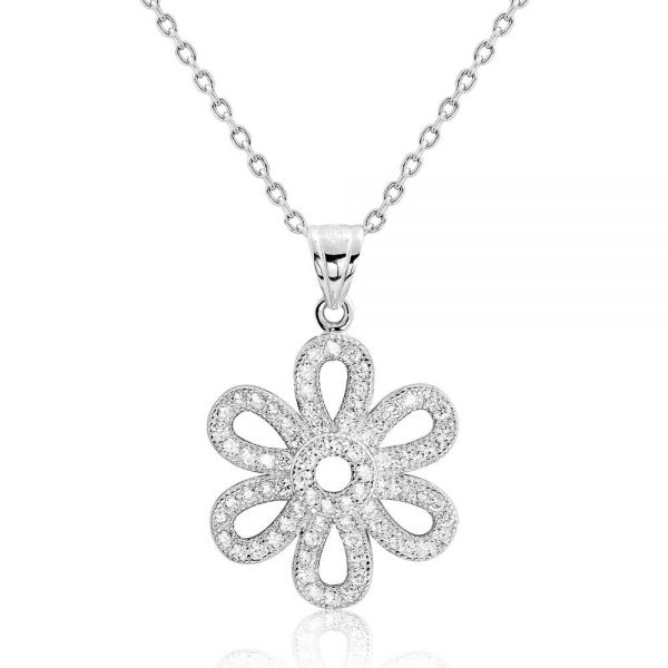 Cubic Zirconia Graceful Flower Silver Necklace