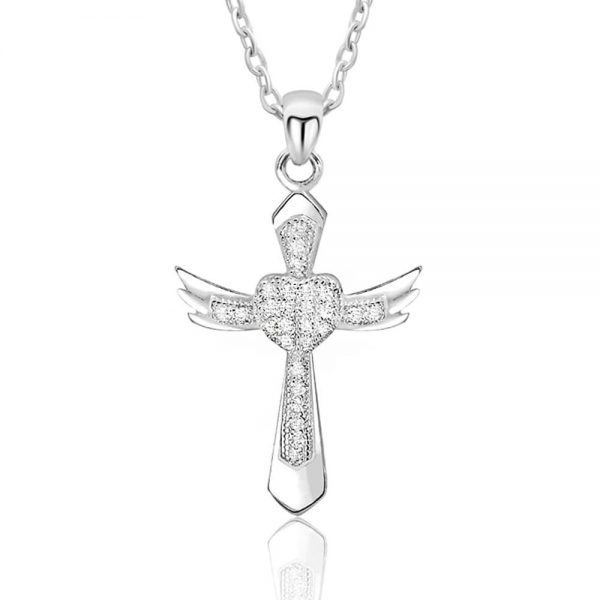 Gorgeous Angel Wings Cross Cubic Zirconia Silver Necklace