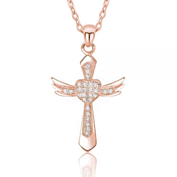 Gorgeous Angel Wings Cross Cubic Zirconia Silver Rose Necklace