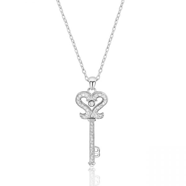 Sterling Silver Cubic Zirconia Silver Key Necklace 16"+2"