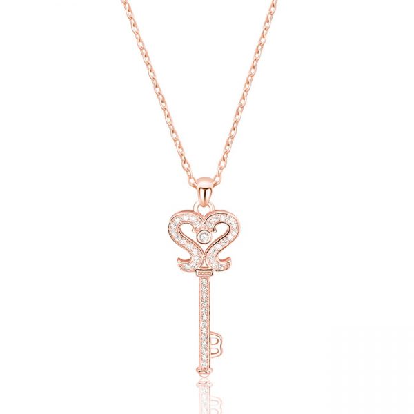 Cz Key Rose Gold Plated 925 Sterling Silver Necklace