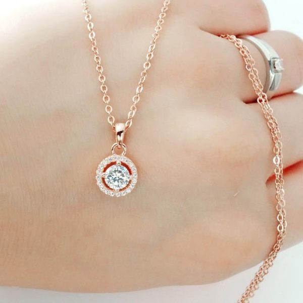 Rose Gold Plated Sterling Silver CZ Halo Pendant Necklace