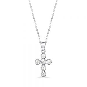Sterling Silver Round CZ Cross Religious Necklace