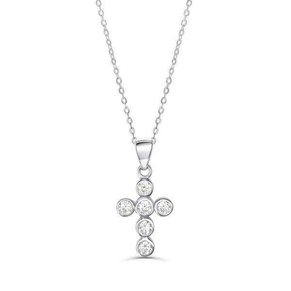 Sterling Silver Round CZ Cross Religious Necklace