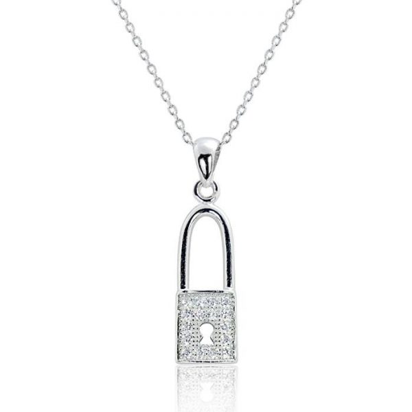 Cubic Zirconia Fashionable Lock Silver Necklace 16"+ 2" Extender