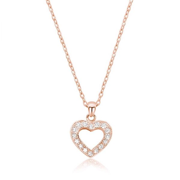 CZ Glamorous Rose Gold Plated Silver Heart Necklace 16"+ 2" Extender