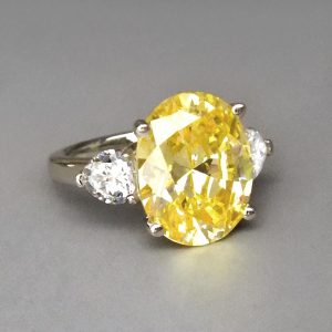 Hand Cut Yellow Oval CZ Three Stone Silver Ring